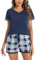 Litherday Schlafanzug Damen Kurzarm Sommer Shorty Pyjama Set aus Baumwolle Zweiteilig mit Karierten Shorts V-Ausschnitt Elastischer Bund & Loungewear,Dunkelblau Kariert,L