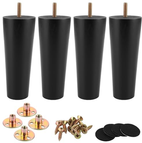 VIDETOL 4 Pièces Pieds de Meubles en Bois 15 cm Coniques, Noir avec Plaque de Montage, Vis et Tapis Antidérapant pour Lit, Table, Canapé