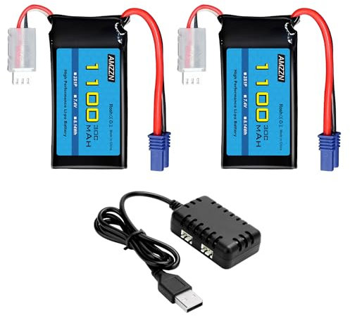 AMZZN 2PCS 7,4V 1100mAh 2S Lipo Batterie EC2 Plug avec chargeur 2-en-1 adapté pour véhicules UTB18 RC, batterie de rechange pour véhicules tout-terrain à quatre roues motrices haute performance
