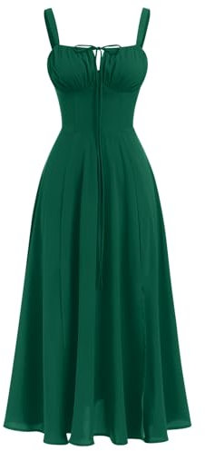 Odizli Abito lungo da donna, estivo, senza maniche, con spalline sottili, bohémien, con spacco, verde scuro, L