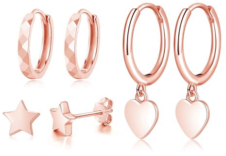 Cangall Silver Earrings for Women, 3 Pairs 925 Sterling Silver Hoop Earrings & Heart Dangling Hoop Earrings & Star Earrings Set, Minimalist Hypoallergenic Sleeper Rose Gold Cartilage Huggie Earrings