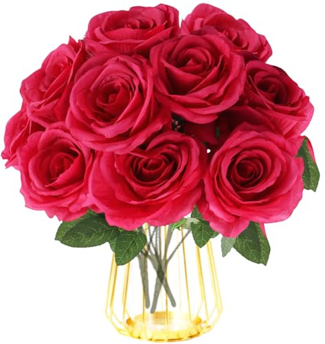 astylishome Artificial Flowers for Graves 10 pcs Roses Flower with Long Stems Simulation Bouquets Fake Rose Bouquet DIY for Home Garden Wedding Decor Red 1204