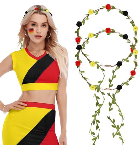 BETESSIN 2Pcs Haarreif Deutschland Blumenkranz Haare Blumenkrone Damen Mädchen Fußball EM 2024 Deutschland Fanartikel Blumen Haarschmuck Haarband Rosen Stirnband mit Blättern Schwarz Rot Gold