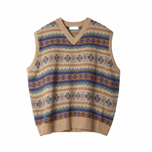 Rrongwn Sleeveless Knitted Vest Men's Fair Isle Pattern Knitted Vest Spring and Autumn Vintage Lazy Style Niche Vests Japanese Sleeveless Jumper Vest for Men and Women, khaki, M