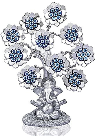 HDCRYSTALGIFTS Böser Augenblumen Glücklicher künstlicher Baum mit silbernem Ganesha Hindu Elefantengott-Statue für Zuhause, Büro, Feng Shui-Schutzornament-Skulptur, Tischraumdekoration, Geschenk