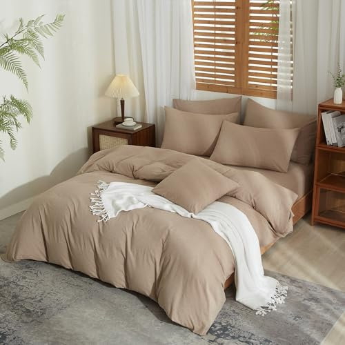 YASMENG Housse de Couette Demi-Lin 220x240 Brun Parure de Lit Mélangé Doux Respirant Douillet Coton Lin Linge de Lit 2 Personne avec Fermeture Éclair et Taies d'oreiller 65x65 cm