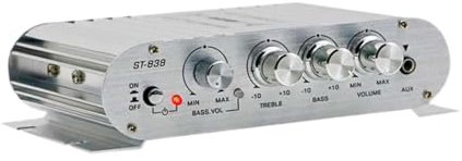 Ronyme Mini Amplificador de 12 V, 80 W x 2, Resistente, Profesional, de 2,1 Canales, Mini Amplificador de Sonido de Potencia para Altavoces de Ordenador de, Plata
