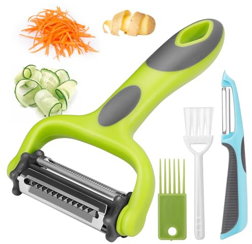 Senbowe Julienne Peeler, Potato Vegetable Peeler for Kitchen, I and Y Potato Peelers for Apple Fruit Carrot Zucchini Cucumber Veggie, 3 in 1 Blade Spin Design, Anti-Slip Handle