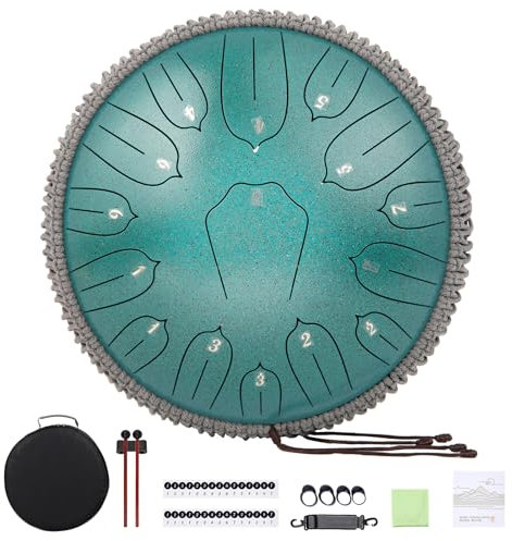 Musfunny Zungentrommel Handpan Steel Tongue Drum: 12 Zoll 15 Tone Stahlzungentrommel D-Dur Handpan Instrument mit Musikbuch Tragetasche für Geburtstagsgeschenk Meditation Yoga (Grün)
