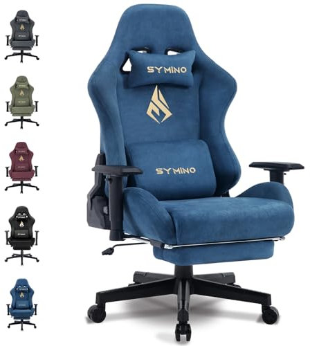 Symino Gaming Stuhl, Atmungsaktiver Bürostuhl aus Hochwertigem Stoff, So Weich Wie Pelz, Ergonomischer PC-Stuhl, Verstellbarer und Drehbarer Schreibtischstuhl mit Fußstütze, Blau