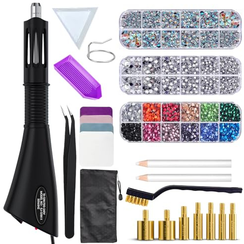RCIDOS Hotfix Applikator, Strasssteine Applikator Set Mit 7 Applikatorspitzen & Hotfix Strasssteine Glitzersteine Für Stoff Craft, Selbstklebend 3 Boxen Mix Farbe Glitzersteine