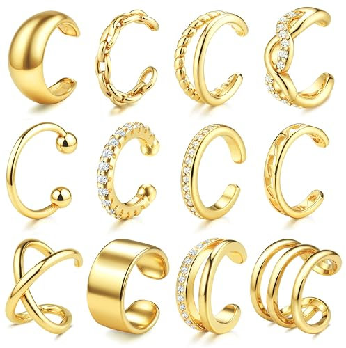 JeweBella Ear Cuff Set Damen 14K Gold Fake Ohrringe Earcuffs Gold/Silber Ohrclips Damen Ohne Ohrlöcher Ohrmanschette Verstellbare Clip Ohrringe Fake Piercing Ohr Knorpel Ohrklemme