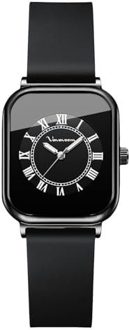 rorios Damen Rechteckig Armbanduhren Frauen Minimalistisch Uhr Analog Quarz Damenuhren Vintage Freizeit Uhr mit Silikon Armband Schwarz B