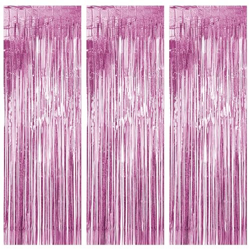 Riloventa 3 Pièces Rideau Anniversaire, Rideaux Métallique de Frange, Serpentins Métalliques de Franges en Aluminium, pour Décoration Fête, Noël Party, Mariage, Anniversaire, Toile de Fond, Rose