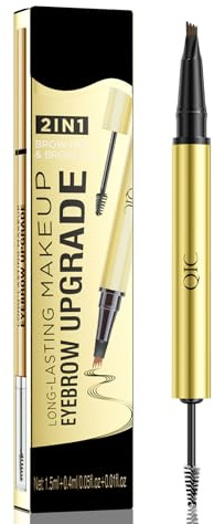 2 In 1 Eyebrow Pen And Brow Gel - Eyebrow Pen With 4-Fork-Tip - Smudge-Proof & Waterproof Eyebrow Pencil - Long Lasting Eye Brow Pen To Create 3D Natural Full Brows(Black Brown)