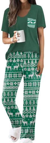 Famulily Womens Lounge Wear Sets Cozy Soft Short Sleeve Top and Pants Pj Sleepwear Sets Green M