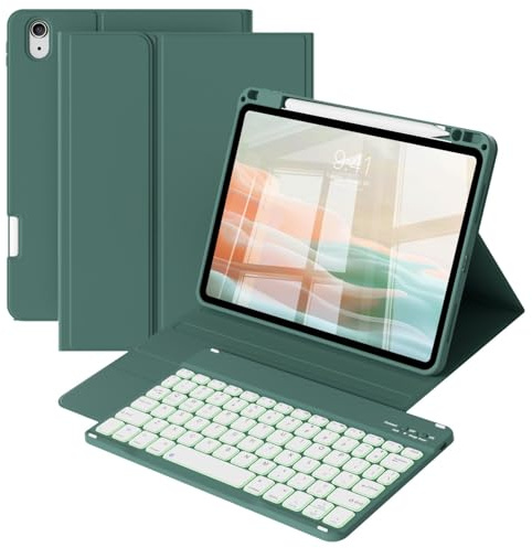 ZOPSGYU Case Keyboard iPad Air 11 Inch M4/M3/M2,Air 5th/4th Gen,Dark Green | Shockproof cover with magnetic 7-color backlit keyboard, 3 brightness levels for work, travel and study.