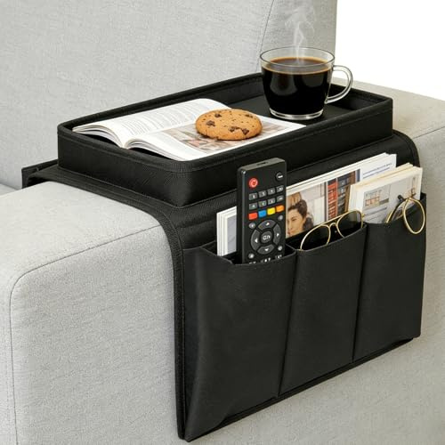 Orizizhic Sofa Arm Tray Armchair Tray Organiser, Sofa Candy Organizer, TV Remote Control Holder Waterproof Non-Slip Arm Table with 4 Bags for Drinks Phone Book Magazines DVD Eyeglasses Snacks