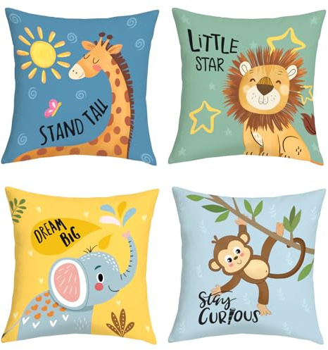 Joymaison Kissenbezüge 40x40 4er Set Tiere Karikatur Elefant Giraffe Löwe | Deko Kissenhülle Bunt Niedliche Waldtiere Affe für Kinder Kleinkinder Dekorative Kissenbezug Kissen für Couch Sofa