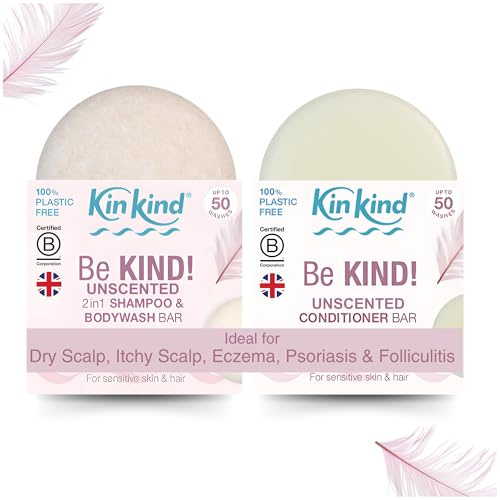 KinKind Be KIND! Fragrance Free Natural Shampoo and Conditioner Set for Dry Scalp. Unscented Solid Shampoo bar and Hair Conditioner bar ideal for Eczema, Sensitive skin, Psoriasis & Folliculitis.