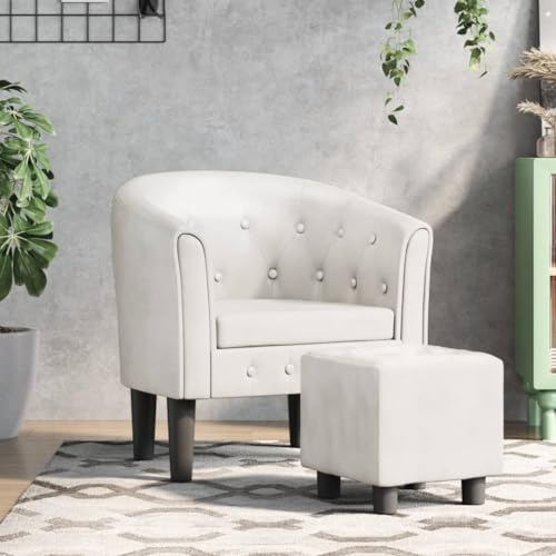 WEMYUFURN Moderner Clubsessel mit Fußhocker in Weiß aus strapazierfähigem Kunstleder für Wohnzimmer und Büro, bequem gepolstert mit Knopfheftung, Robustes Holzgestell, Schmutz