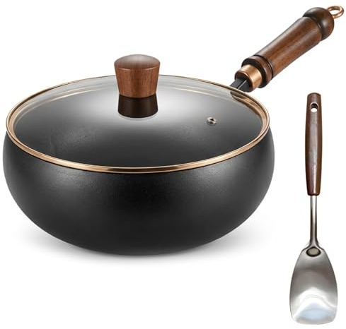 Bonalake Cast Iron Wok, 10in Uncoated Iron Skillet for Healthy Cooking, Large Capacity Wok Pan with Lid and Spatula (Pre-Seasoned) Cooking Japanese