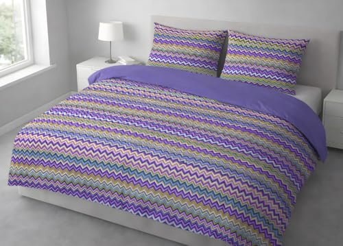 BIANCHERIAWEB Copripiumino Sacco Piumone in 100% Cotone Disegno Rigato Zig Zag Baia 1 Piazza e Mezza Lilla