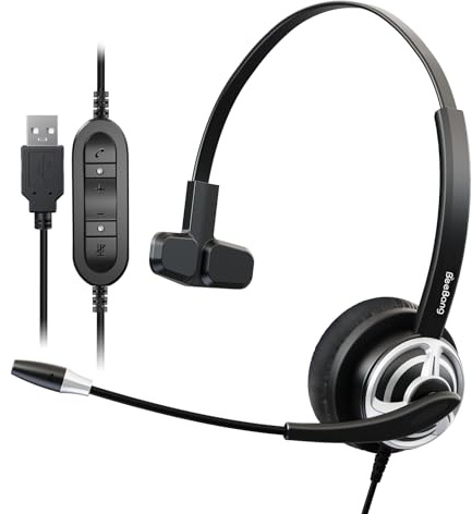 Beebang USB Computer Headset with Microphone for PC, Laptop Headset with Volume Control & Mic Mute, Single Ear Office Headphones for Work Teams Online Meeting, Voice Recognition Headset for Dragon