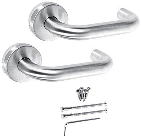 Pair of Brushed Satin Rounded Latch Handles - Stainless Steel Bar Levers with Fixings