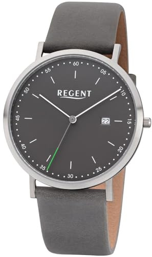 REGENT Herren-Armbanduhr Edelstahl analog Quarz Lederband grau F-1142