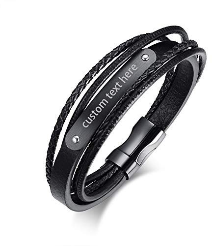 JewelryWe Schmuck Herren Lederarmband mit Gravur, Personalisierte Edelstahl Leder Poliert geflochten mehrreihiges Armband Armreif Manschette Geschenke für Männer, Schwarz