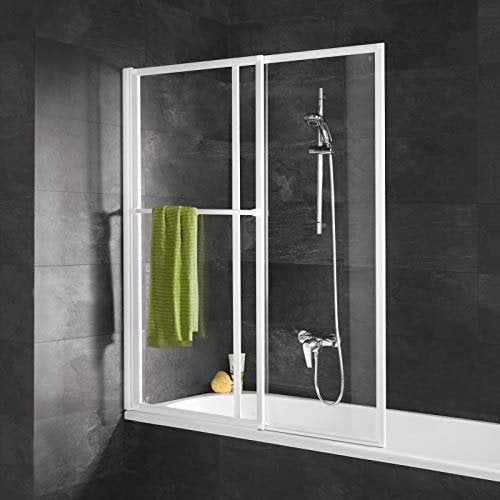 Schulte D1130 04 50 Duschabtrennung mit Handtuchhalter, ausziehbar 70 – 118 cm, 140 cm hoch, 3 mm Sicherheitsglas Klar hell, alpinweiß, Duschwand für Badewanne