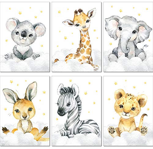 LALELU-Prints Bilder Kinderzimmer Poster Babyzimmer Deko Mädchen Jungen Kinderbilder Set Kinderzimmerbilder (Safari 6er Set)