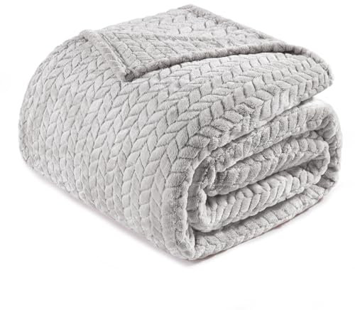 Exclusivo Mezcla Plaid Couverture Polaire en Flanelle, 220 x 240 cm Douce et Tissu Jacquard Plaid Couvertures de Canapé Imprimées de Feuilles, Gris Clair