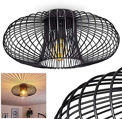HOFSTEIN Deckenleuchte Wemude, runde Deckenlampe, Schwarz, 1-flammig, E27-Fassung, Lampe Wohnzimmer, Wohnzimmer, Schlafzimmer, Durchmesser: 40 cm, Modern, Vintage, Rund, Lichteffekt durch Gitter-Optik