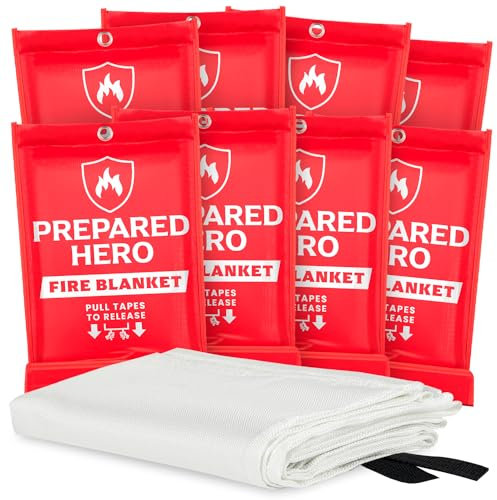 Prepared Hero Feuerlöschdecke für Notfälle - 8 Stück - Feuerlöschdecke für die Küche, 101.6cm x 101.6cm Brandschutzdecke für Zuhause, Glasfaser-Löschdecke