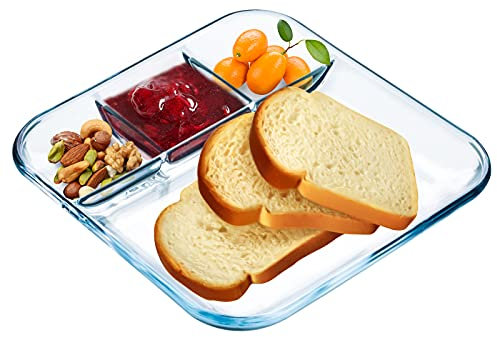 Nutriups Glasunterteilter Teller – Quadrate Glasfach Teller mit Trennwänden für Mittagessen, 22,9 cm