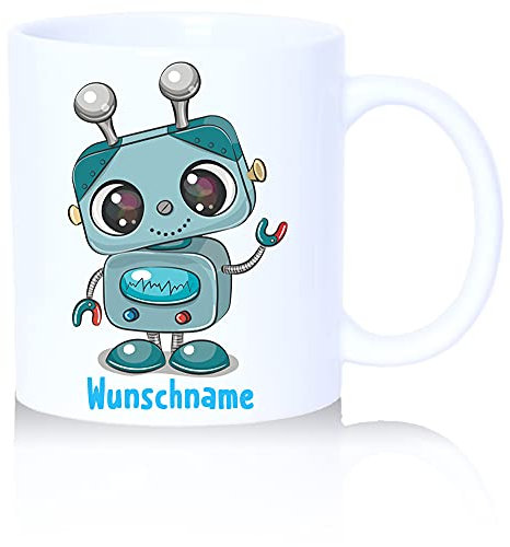 Print-Klex Tasse mit Namen und Roboter Kind Motiv Bedruckt Namenstasse Robo Tasse für Jungen Kindertasse Keramiktasse Weiß Geschenktasse Geschenkbecher Keramik mit Druck Kinder Tasse 330ml
