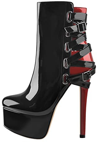 Only maker Women's Round Toed Ankle Boots with Ziper Stilettos Pole Dance Shoes Oversized High Heel Winter Shoes Black Red EU 43