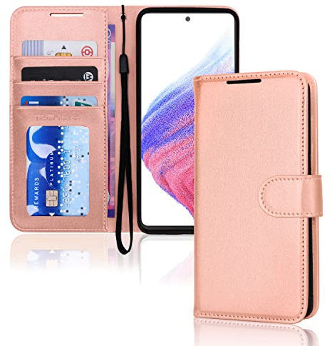 TECHGEAR Galaxy A53 5G Leather Wallet Case, Flip Protective Case with Wallet Card Holder, Stand and Wrist Strap - Rose Gold PU Leather with Magnetic Closure Designed For Samsung A53 5G