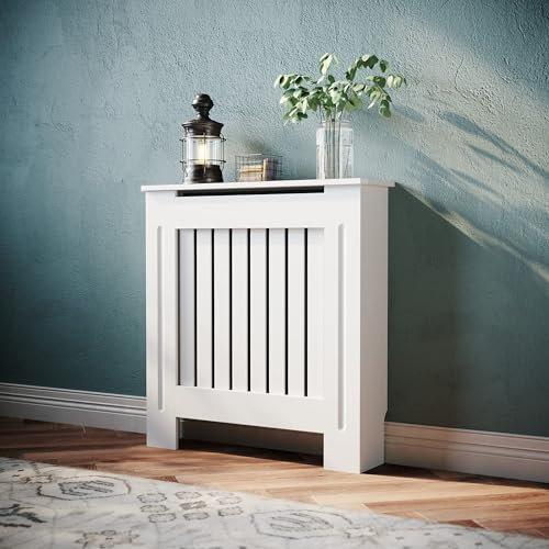SONNI Cubre Radiadores Blanco Pequeño 78x19x81.5 cm con Lamas Verticales,Cubreradiadores Modernos Madera MDF Rejilla