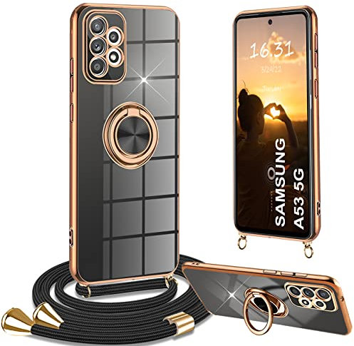 Yutwo Funda para Samsung Galaxy A53 5G/4G, Funda para Samsung A53 5G con Colgante Ajustable Collar Correa Bumper Anti-caída Carcasa para Galaxy A53 5G con 360° Anillo Soporte - Negro