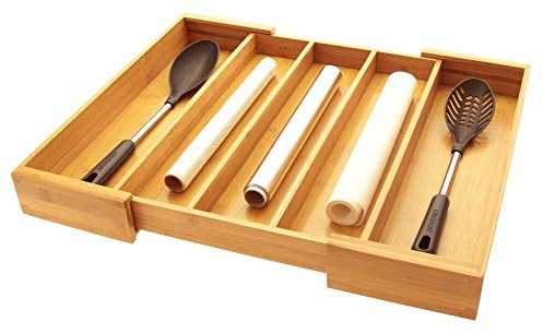 Woodquail Utensils Flatware Cutlery Tray, Kitchen Drawer Inserts Organiser (32.5-55.5 x 43.5 cm), Made of Natural Bamboo