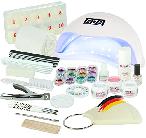 N&BF LED Starter Set für Gelnägel mit Frenchgel, 1-Phasen Gel Klar & Pink, UV/LED-Lampe, Nailart viel Zubehör | 52-teiliges Komplettset Einsteiger geeignet - Made in Germany Vegan, 1.2 kilograms
