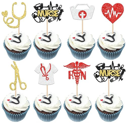 Xsstarmi 28 Pack Nurse Cupcake Toppers Glitter RN Nurse Graduation Cupcake Picks for Hospital Nurse RN Theme Birthday Party Cake Decorations Supplies