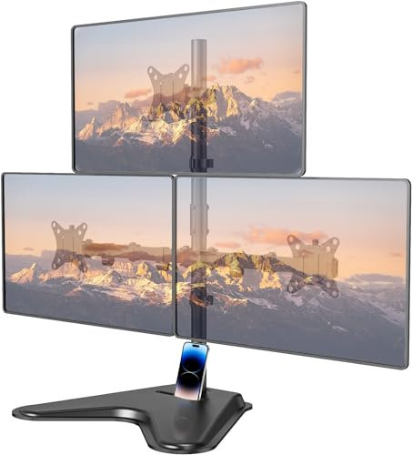 IMtKotW Supporto per monitor a 3 monitor con base indipendente per schermo piatto e curvo da 17-32, 3 monitor, orientabile, inclinabile, regolabile in altezza, 9kg per braccio