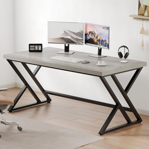 LVB Grauer Computer-Büroschreibtisch, industrielles Holz, PC-Gaming-Schreibtisch für Heimbüro, moderner Holz-Metall-Studier-Arbeitstisch, Schlafzimmertisch, Bauernhaus-Chef-Schreibtisch mit Stauraum