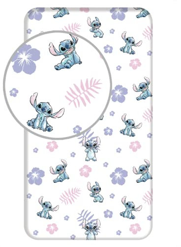 Disney Lilo und Stitch Spannbettlaken Betttuch Spannbetttuch Stitch mit Blumen 90 x 200 + 25 cm 100% Baumwolle
