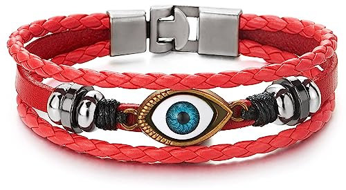 COOLSTEELANDBEYOND Trois Rangées Mauvais Oeil Charms - Homme Femme Bracelet en Rouge Cuir - Envelopper Bracelet