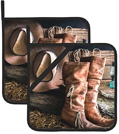 Topflappen für die Küche, 2er-Set, Cowgirl-Stiefel, Hut im Bauernhof, bedruckt, hitzebeständig, rutschfest, Hot Pads für Küche, Kochen, Backen, Grillen, Topflappen mit Taschen